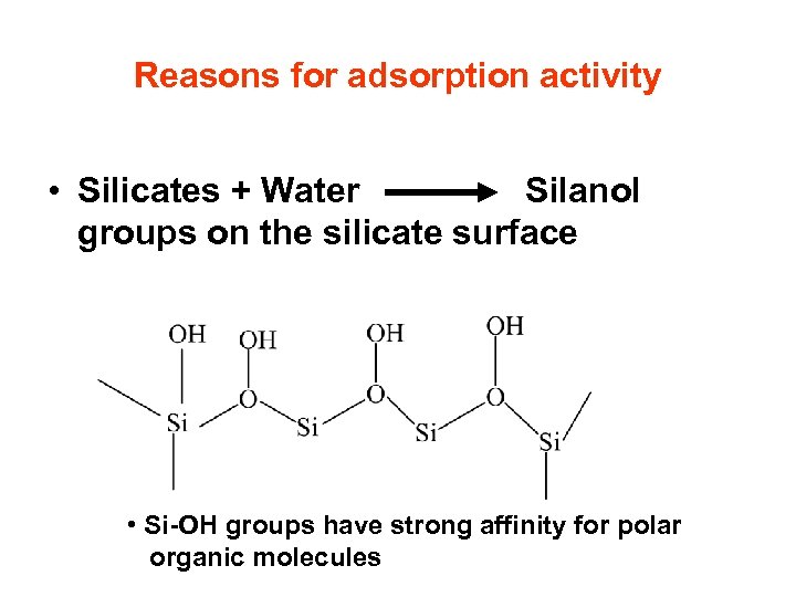 Reasons for adsorption activity • Silicates + Water Silanol groups on the silicate surface