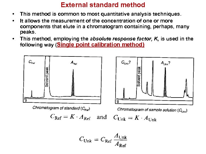 External standard method • • • This method is common to most quantitative analysis