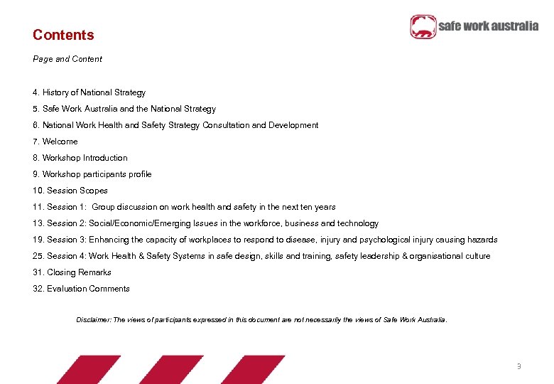 Contents Page and Content 4. History of National Strategy 5. Safe Work Australia and