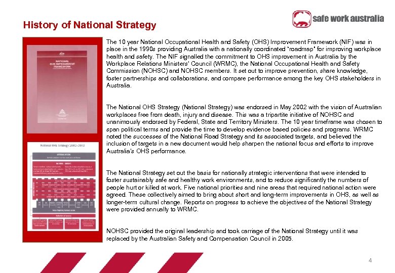 History of National Strategy The 10 year National Occupational Health and Safety (OHS) Improvement