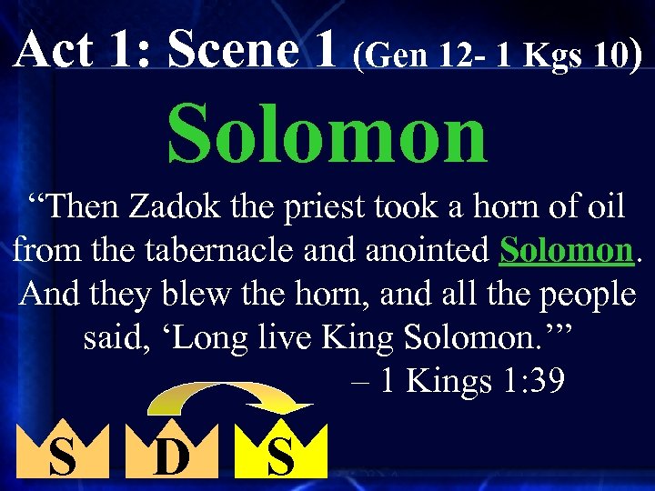 Act 1: Scene 1 (Gen 12 - 1 Kgs 10) Solomon “Then Zadok the