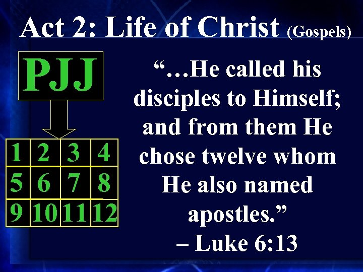 Act 2: Life of Christ (Gospels) PJJ “…He called his disciples to Himself; and