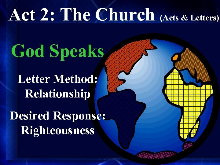 Act 2: The Church (Acts & Letters) God Speaks Letter Method: Relationship Desired Response: