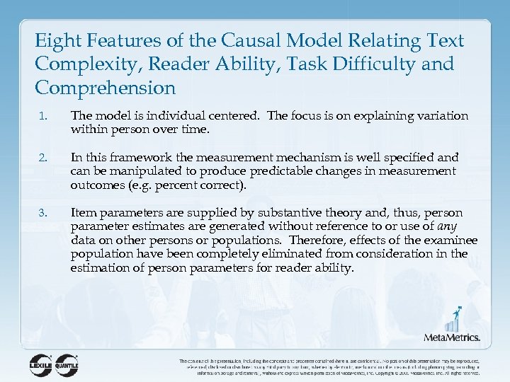 Eight Features of the Causal Model Relating Text Complexity, Reader Ability, Task Difficulty and