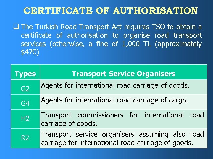 CERTIFICATE OF AUTHORISATION q The Turkish Road Transport Act requires TSO to obtain a