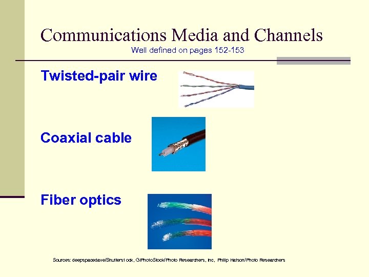 Communications Media and Channels Well defined on pages 152 -153 Twisted-pair wire Coaxial cable
