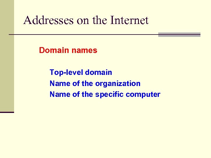 Addresses on the Internet Domain names Top-level domain Name of the organization Name of
