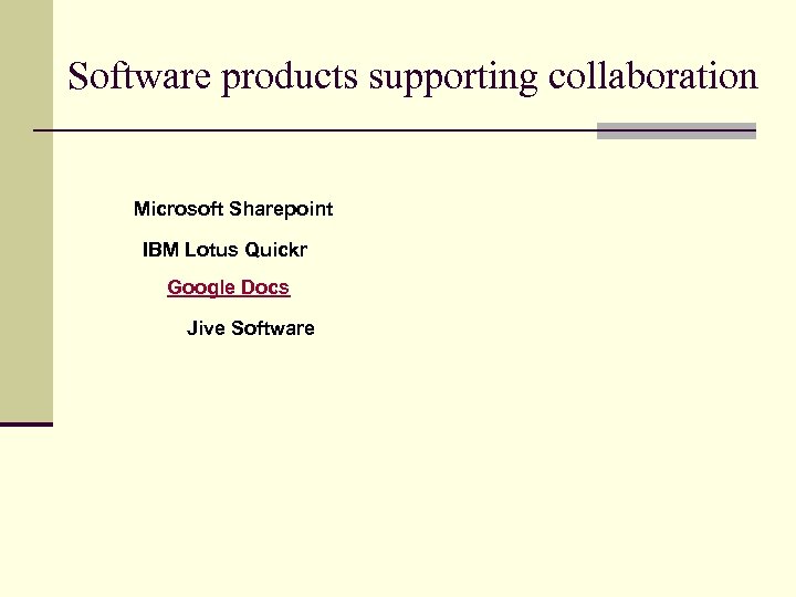 Software products supporting collaboration Microsoft Sharepoint IBM Lotus Quickr Google Docs Jive Software 