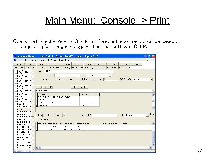 Main Menu: Console -> Print Opens the Project – Reports Grid form. Selected report