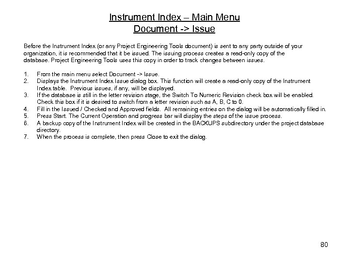 Instrument Index – Main Menu Document -> Issue Before the Instrument Index (or any