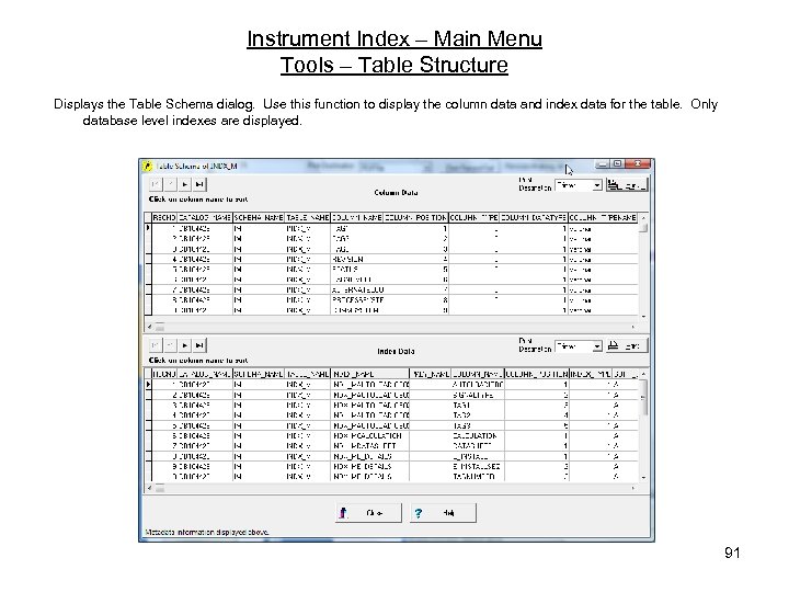 Instrument Index – Main Menu Tools – Table Structure Displays the Table Schema dialog.