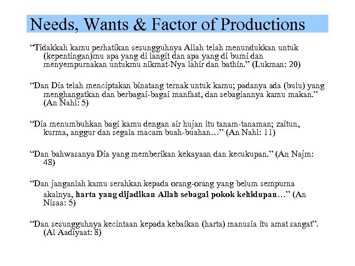 Needs, Wants & Factor of Productions “Tidakkah kamu perhatikan sesungguhnya Allah telah menundukkan untuk