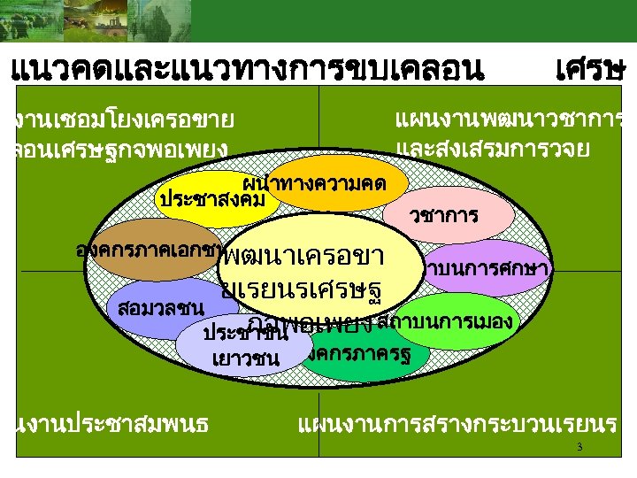 แนวคดและแนวทางการขบเคลอน เศรษ ฐกจพอเพยง แผนงานพฒนาวชาการ นงานเชอมโยงเครอขาย และสงเสรมการวจย คลอนเศรษฐกจพอเพยง ผนำทางความคด ประชาสงคม องคกรภาคเอกชน พฒนาเครอขา วชาการ สถาบนการศกษา ยเรยนรเศรษฐ