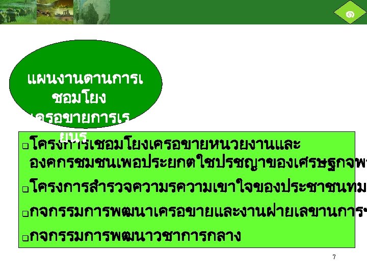 ๑ แผนงานดานการเ ชอมโยง เครอขายการเร ยนร q โครงการเชอมโยงเครอขายหนวยงานและ องคกรชมชนเพอประยกตใชปรชญาของเศรษฐกจพอ q โครงการสำรวจความรความเขาใจของประชาชนทมต กจกรรมการพฒนาเครอขายและงานฝายเลขานการฯ q กจกรรมการพฒนาวชาการกลาง q