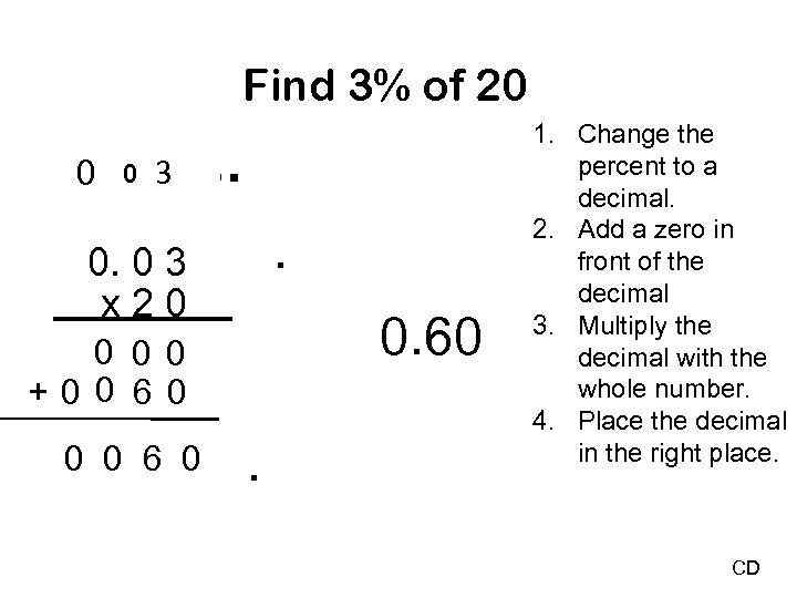 Find 3% of 20 0 0 3 %. . 0. 0 3 x 20