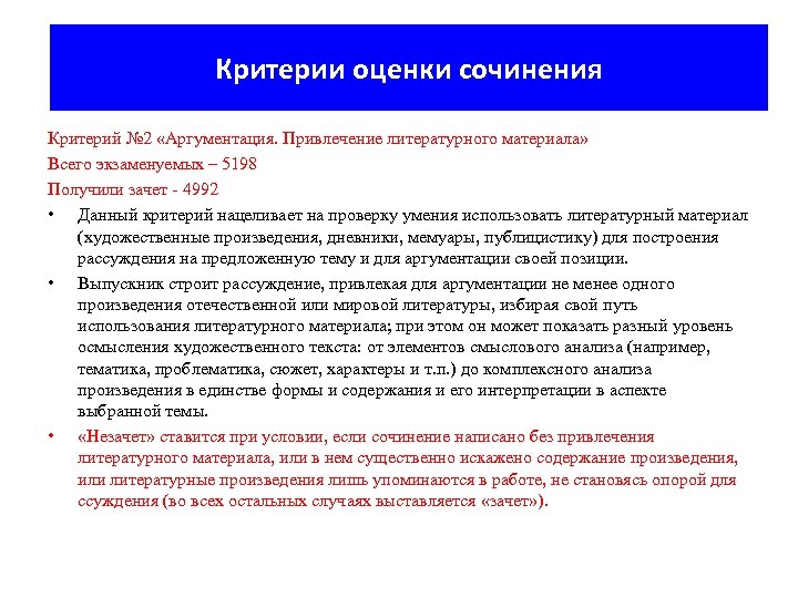 Критерии оценки сочинения Критерий № 2 «Аргументация. Привлечение литературного материала» Всего экзаменуемых – 5198