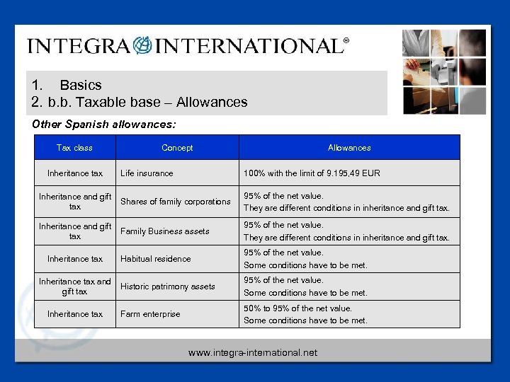1. Basics 2. b. b. Taxable base – Allowances Other Spanish allowances: Tax class