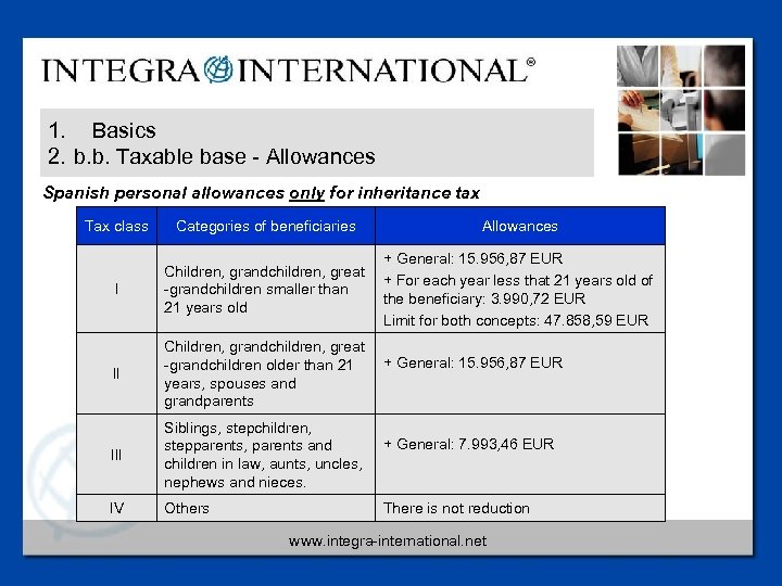 1. Basics 2. b. b. Taxable base - Allowances Spanish personal allowances only for