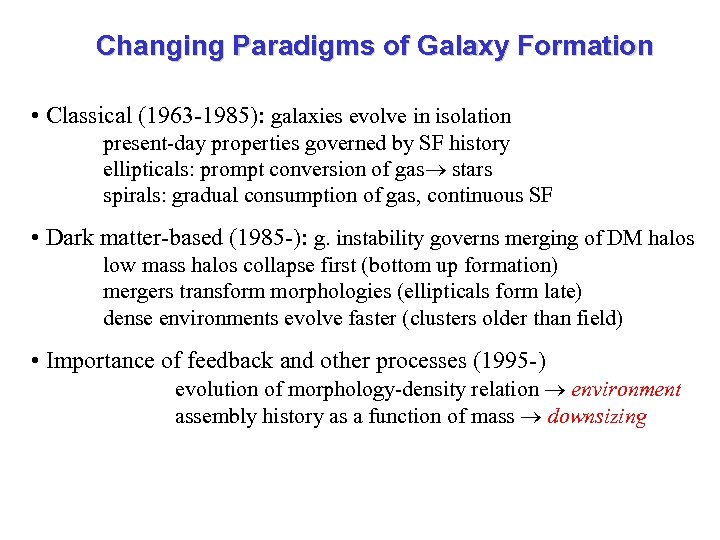 Changing Paradigms of Galaxy Formation • Classical (1963 -1985): galaxies evolve in isolation present-day