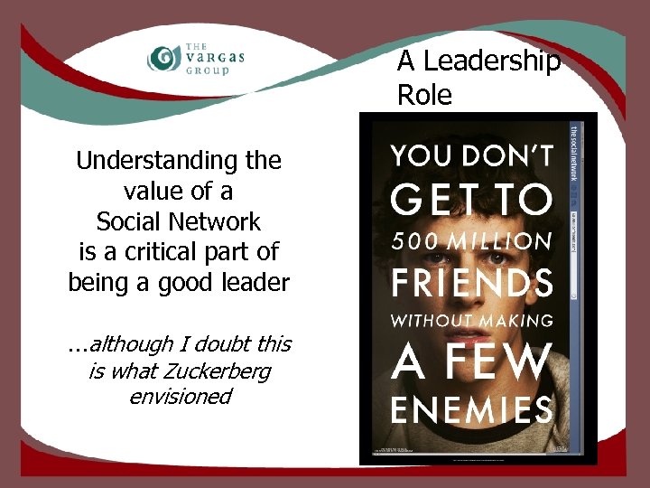 A Leadership Role Understanding the value of a Social Network is a critical part