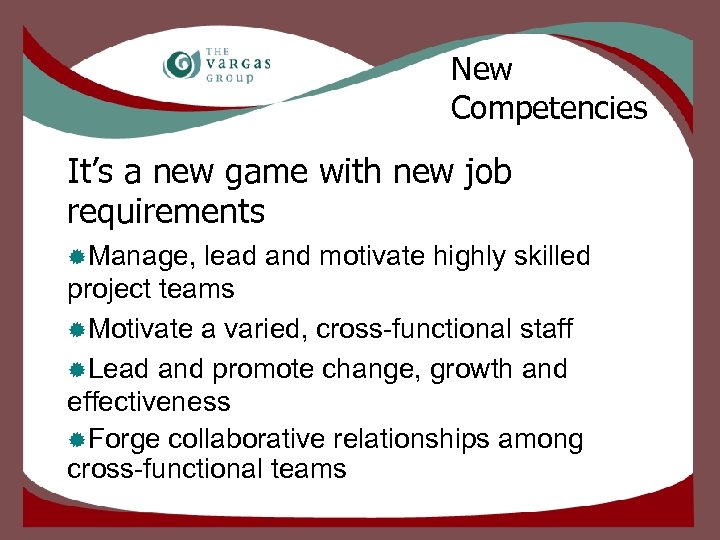 New Competencies It’s a new game with new job requirements ®Manage, lead and motivate