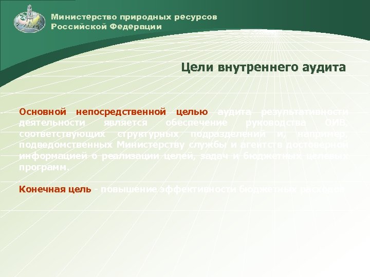 Министерство природных ресурсов Российской Федерации Цели внутреннего аудита Основной непосредственной целью аудита результативности деятельности