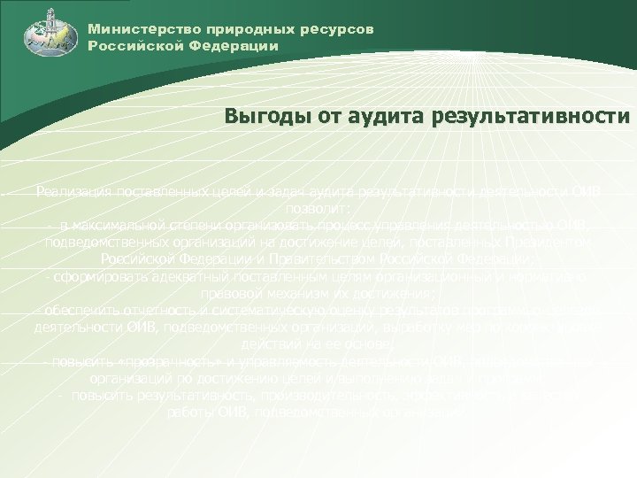 Министерство природных ресурсов Российской Федерации Выгоды от аудита результативности Реализация поставленных целей и задач