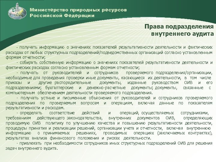 Министерство природных ресурсов Российской Федерации Права подразделения внутреннего аудита - получать информацию о значениях