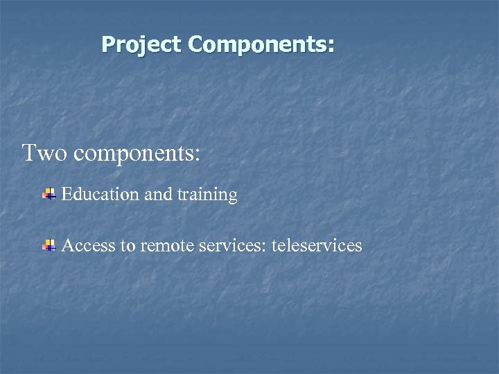 Project Components: Two components: Education and training Access to remote services: teleservices 
