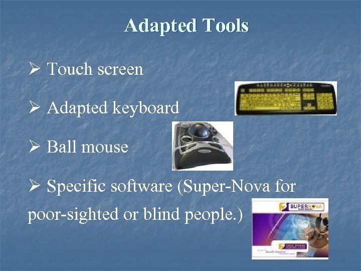 Adapted Tools Ø Touch screen Ø Adapted keyboard Ø Ball mouse Ø Specific software