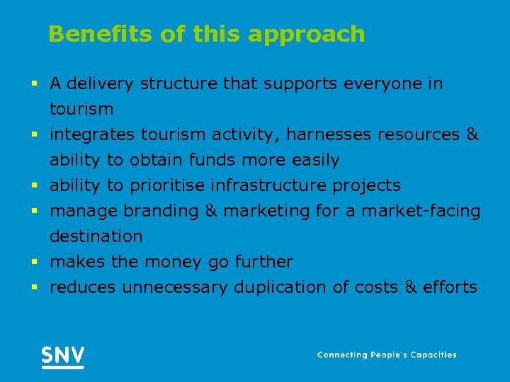 Benefits of this approach § A delivery structure that supports everyone in tourism §