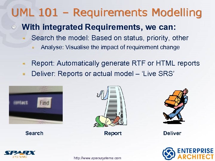 UML 101 – Requirements Modelling With integrated Requirements, we can: Search the model: Based