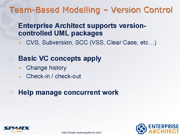 Team-Based Modelling – Version Control Enterprise Architect supports versioncontrolled UML packages CVS, Subversion, SCC