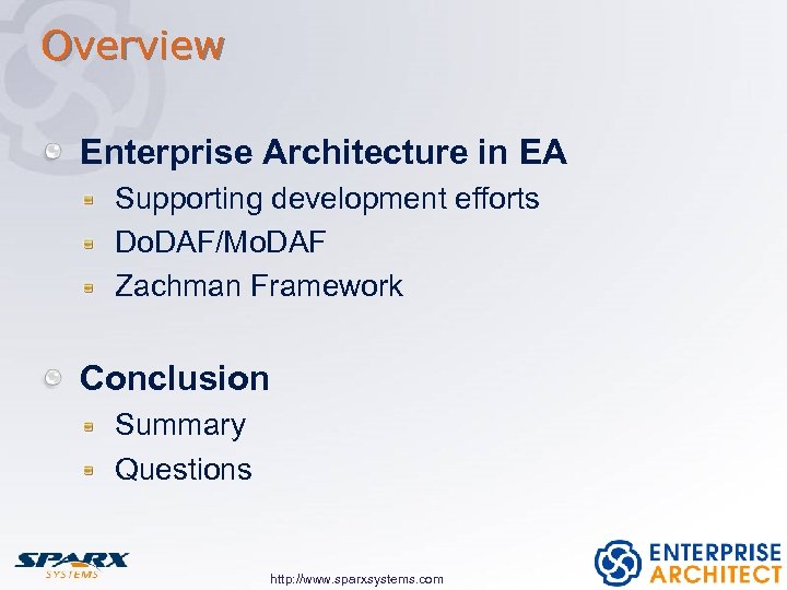Overview Enterprise Architecture in EA Supporting development efforts Do. DAF/Mo. DAF Zachman Framework Conclusion