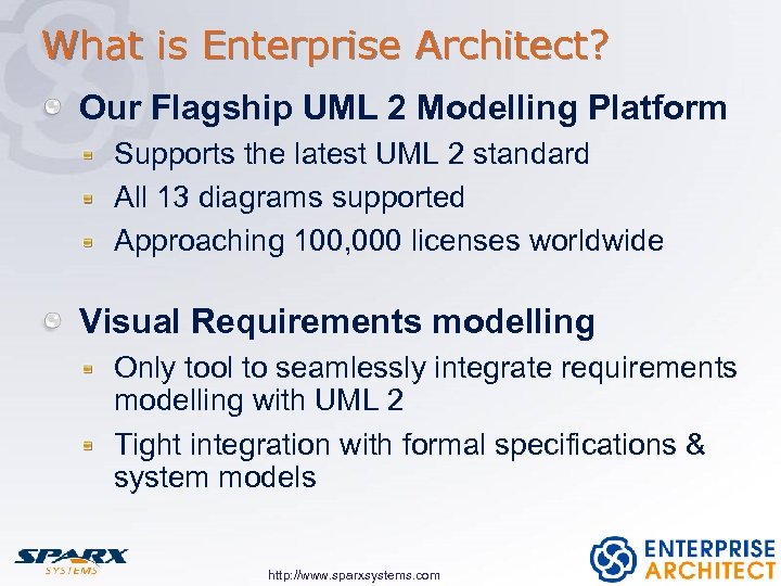 What is Enterprise Architect? Our Flagship UML 2 Modelling Platform Supports the latest UML
