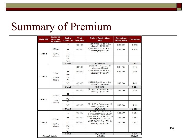 Summary of Premium 104 