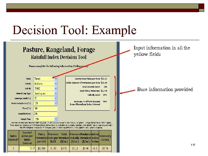 Decision Tool: Example Input information in all the yellow fields Base information provided 117