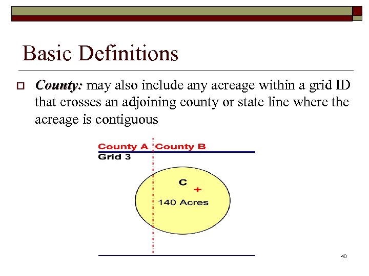 Basic Definitions o County: may also include any acreage within a grid ID that