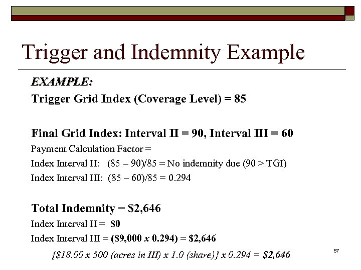 Trigger and Indemnity Example EXAMPLE: Trigger Grid Index (Coverage Level) = 85 Final Grid