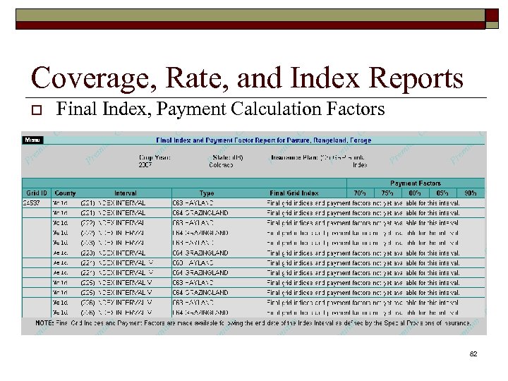 Coverage, Rate, and Index Reports o Final Index, Payment Calculation Factors 82 