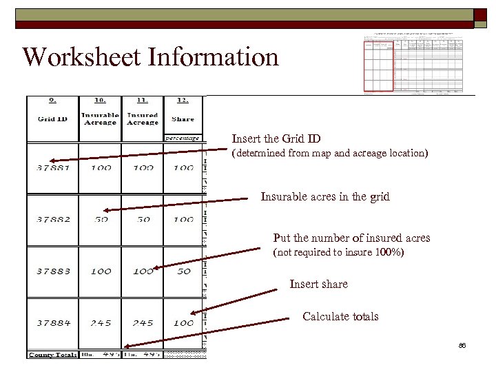 Worksheet Information Insert the Grid ID (determined from map and acreage location) Insurable acres