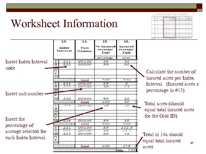 Worksheet Information Insert Index Interval code Insert unit number Insert the percentage of acreage