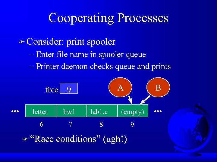 Cooperating Processes F Consider: print spooler – Enter file name in spooler queue –