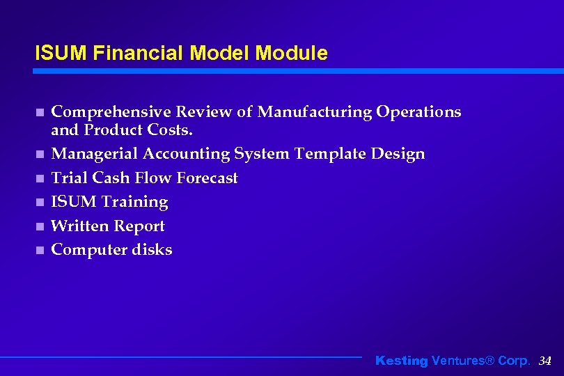 ISUM Financial Model Module n n n Comprehensive Review of Manufacturing Operations and Product