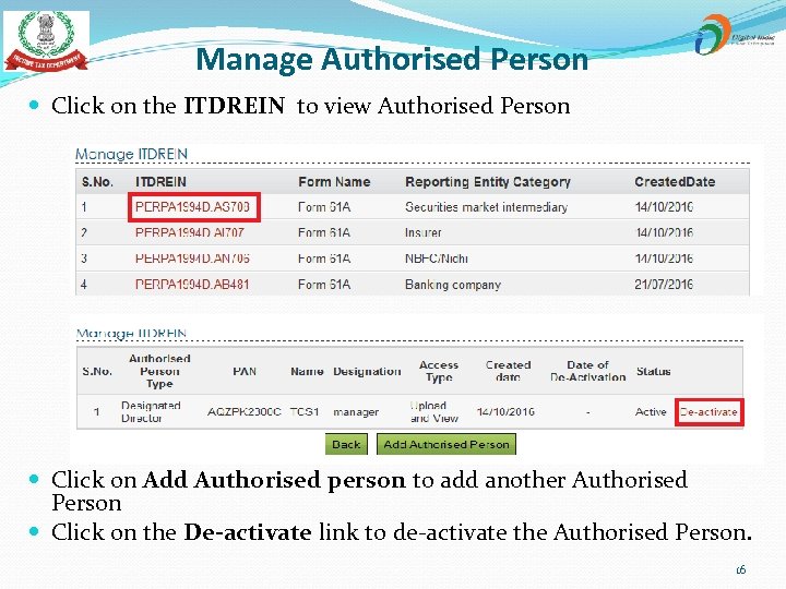 Manage Authorised Person Click on the ITDREIN to view Authorised Person Click on Add