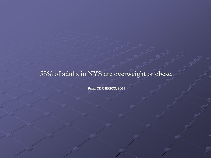 58% of adults in NYS are overweight or obese. From CDC BRFSS, 2004 