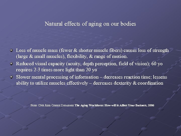 Natural effects of aging on our bodies Loss of muscle mass (fewer & shorter