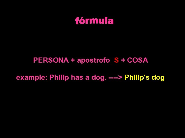 PERSONA + apostrofo S + COSA example: Philip has a dog. ----> Philip's dog