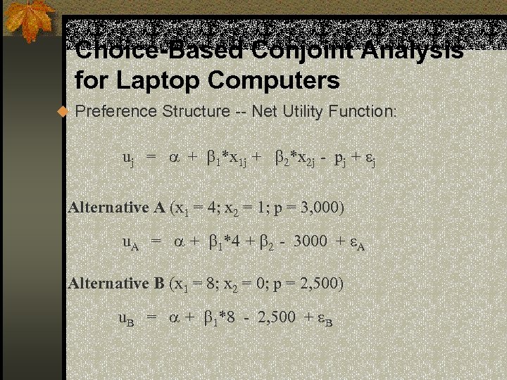 Choice-Based Conjoint Analysis for Laptop Computers u Preference Structure -- Net Utility Function: uj