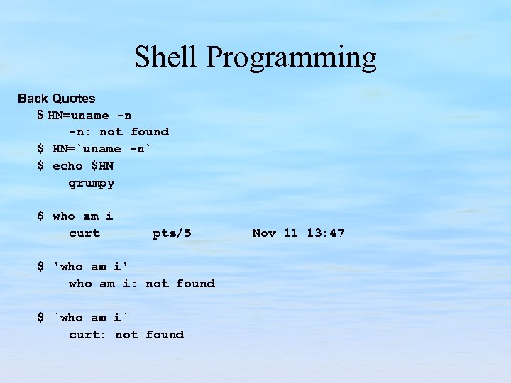 Shell Programming Back Quotes $ HN=uname -n -n: not found $ HN=`uname -n` $